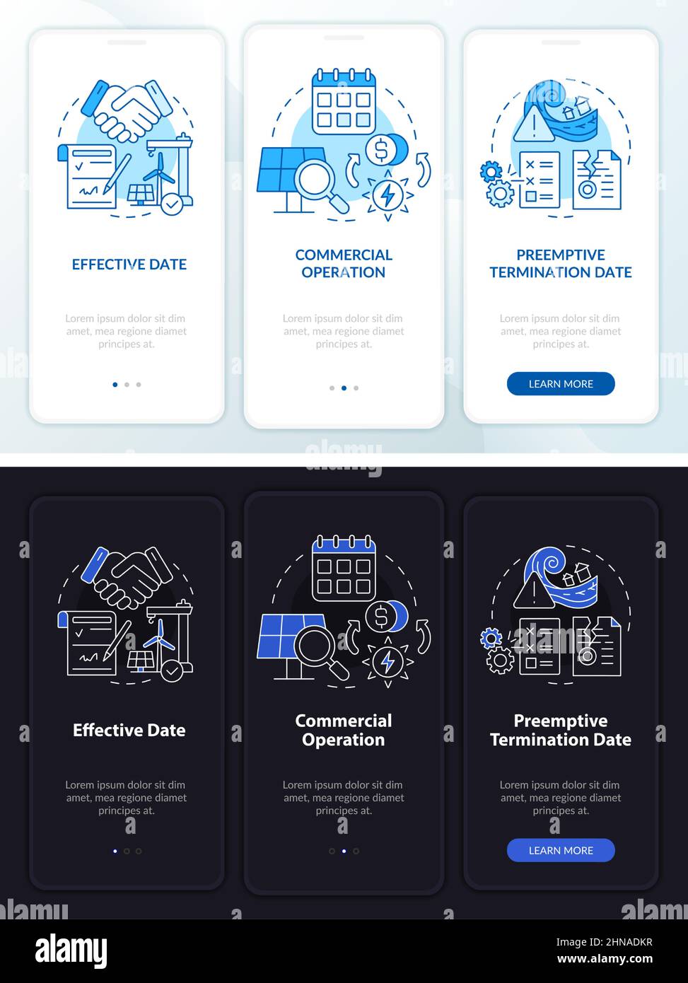 PPA contract timeline night and day mode onboarding mobile app screen ...