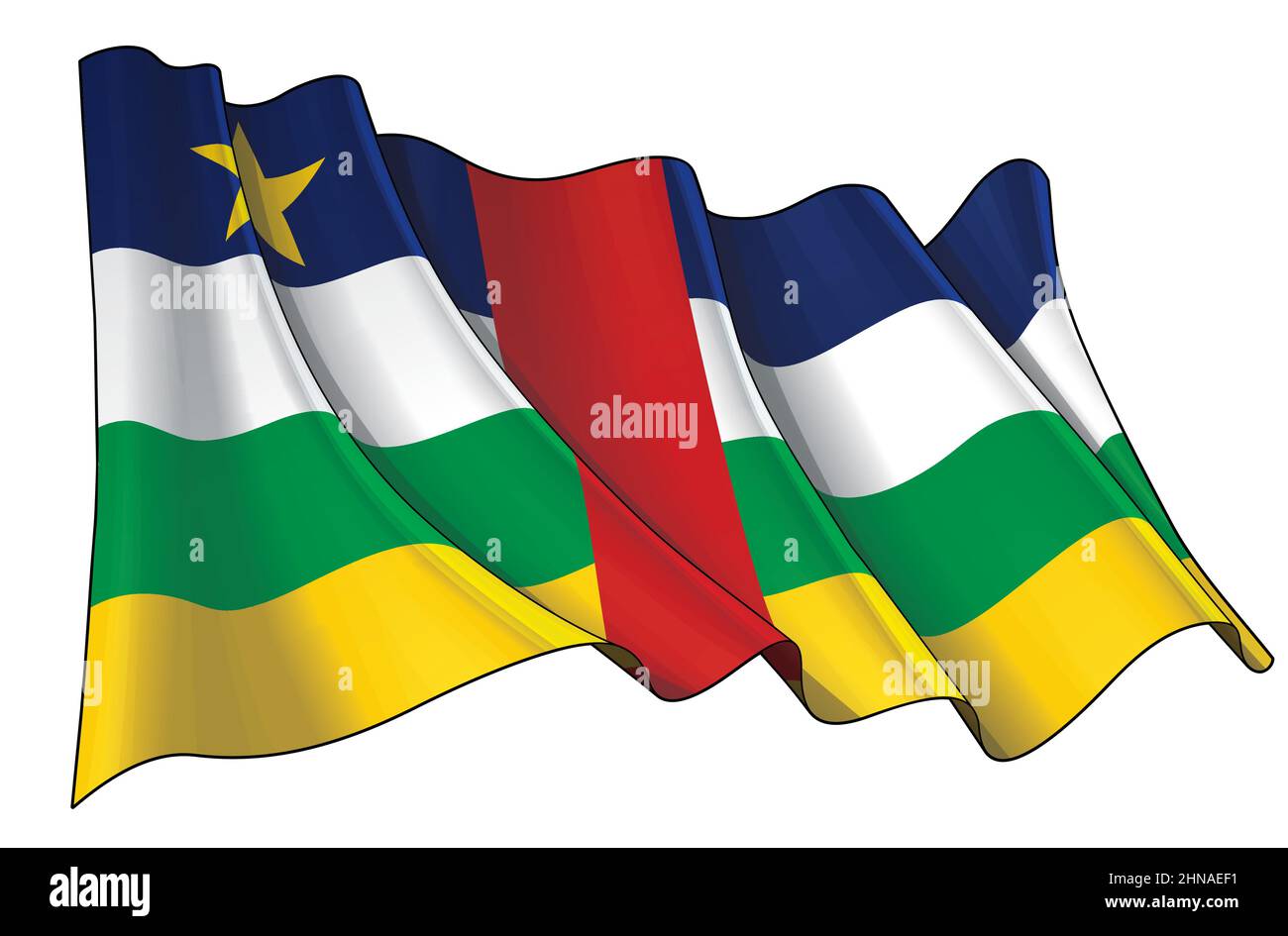 Vector illustration of a Waving Flag of Central African Republic. All elements neatly on well-defined layers and groups. Stock Vector