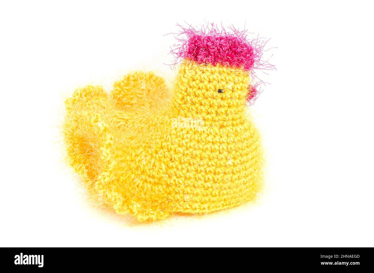 Handmade Easter toy - yellow chicken for keeping Easter eggs and table decoration. Stock Photo