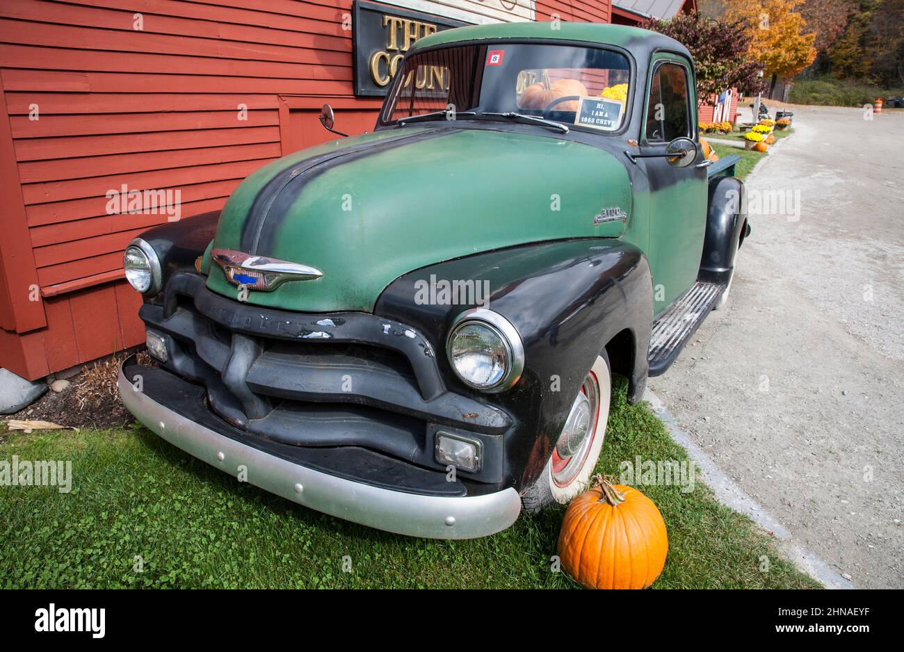 American, US1953 green Chevy pick up truck, Weston, Vermont, USA VT New England, at the old country store trucks Stock Photo