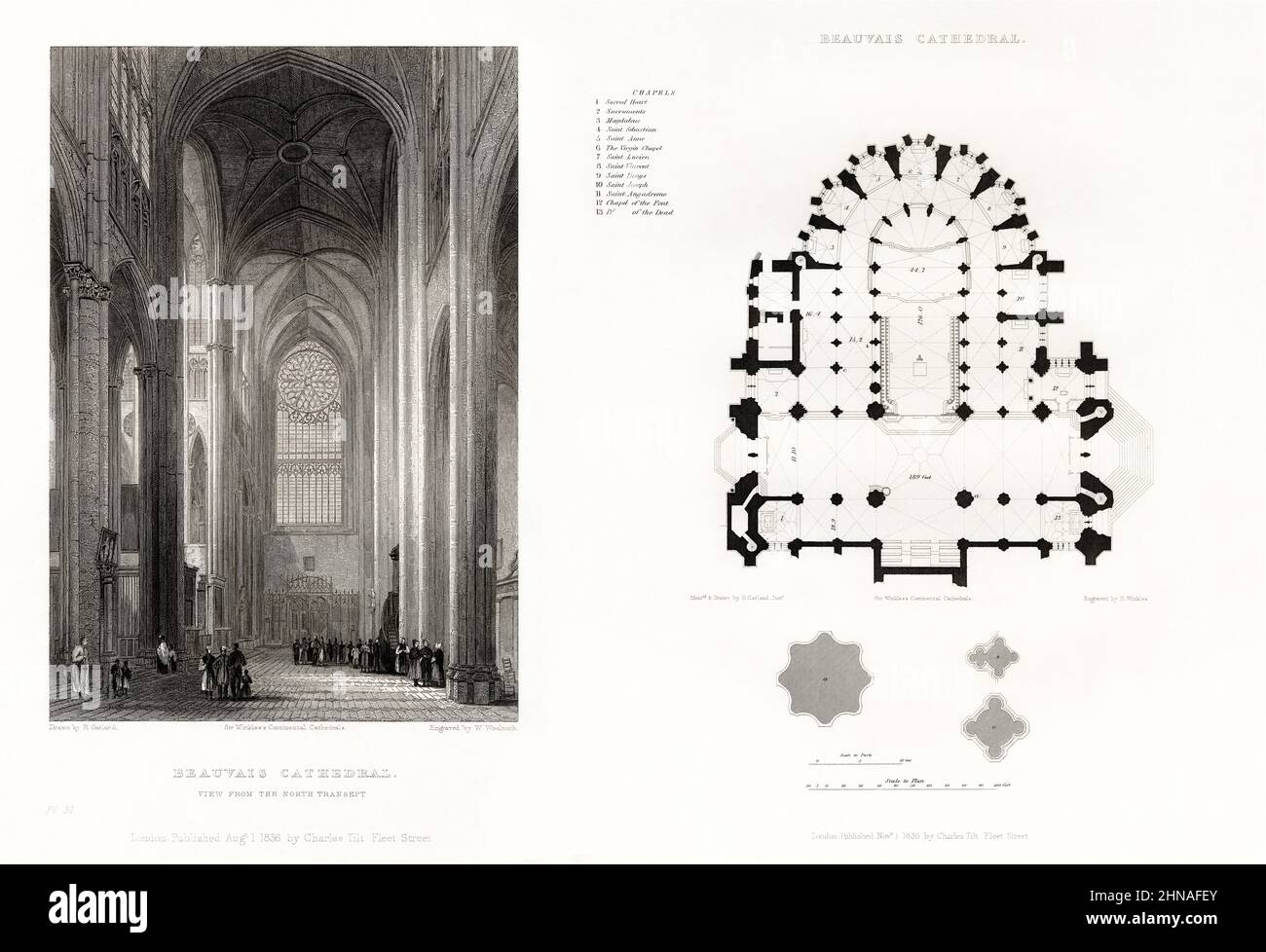 French Cathedral, Beauvais Cathedral, Beauvais, Oise, France, Antique French Engraving, 1837 Stock Photo