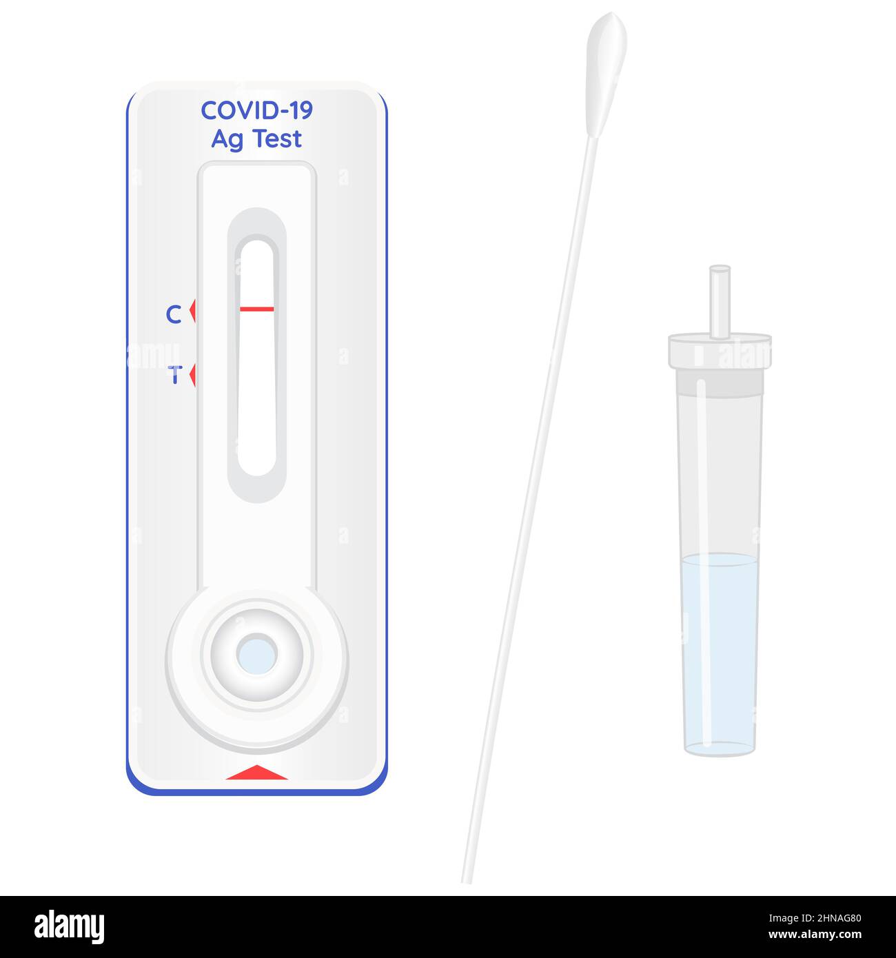 Covid-19 Rapid Antigen test. Coronavirus swap sample in lysis buffer, strip with reagents, result with antigen molecules. Vector illustration. Stock Vector