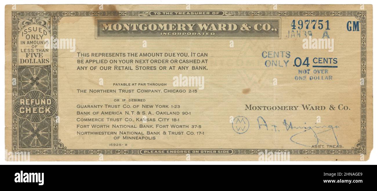 Antique January 1939 Refund Check from Montgomery Ward. SPOURCE: ORIGINAL CHECK Stock Photo