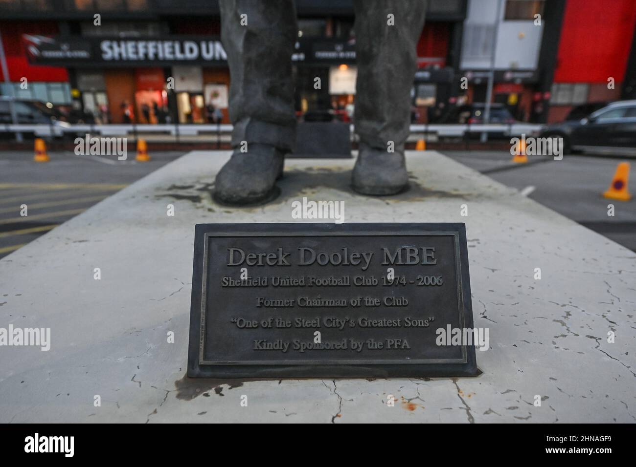 The Derek Dooley MBE statue plaque at Bramall Lane Stock Photo