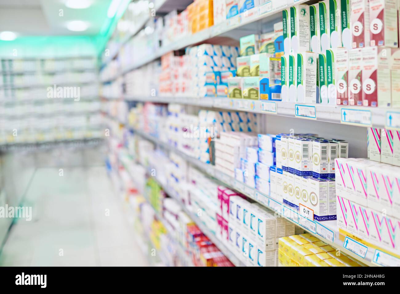 All the medicine you need. An aisle in a pharmacy. Stock Photo
