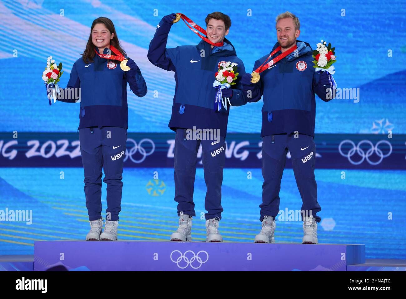 (L-R) Gold medalists Ashley Caldwell, Christopher Lillis, and Justin Schoenefeld (USA),    FEBRUARY 11, 2022 - Freestyle Skiing :  Mixed Team Aerials Stock Photo