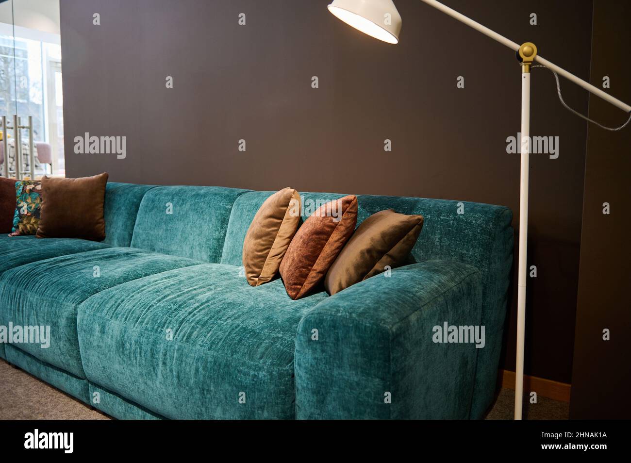 https://c8.alamy.com/comp/2HNAK1A/exhibition-of-modern-stylish-upholstered-furniture-in-the-showroom-of-a-furniture-store-close-up-of-a-turquoise-soft-velour-couch-and-brown-cushions-2HNAK1A.jpg