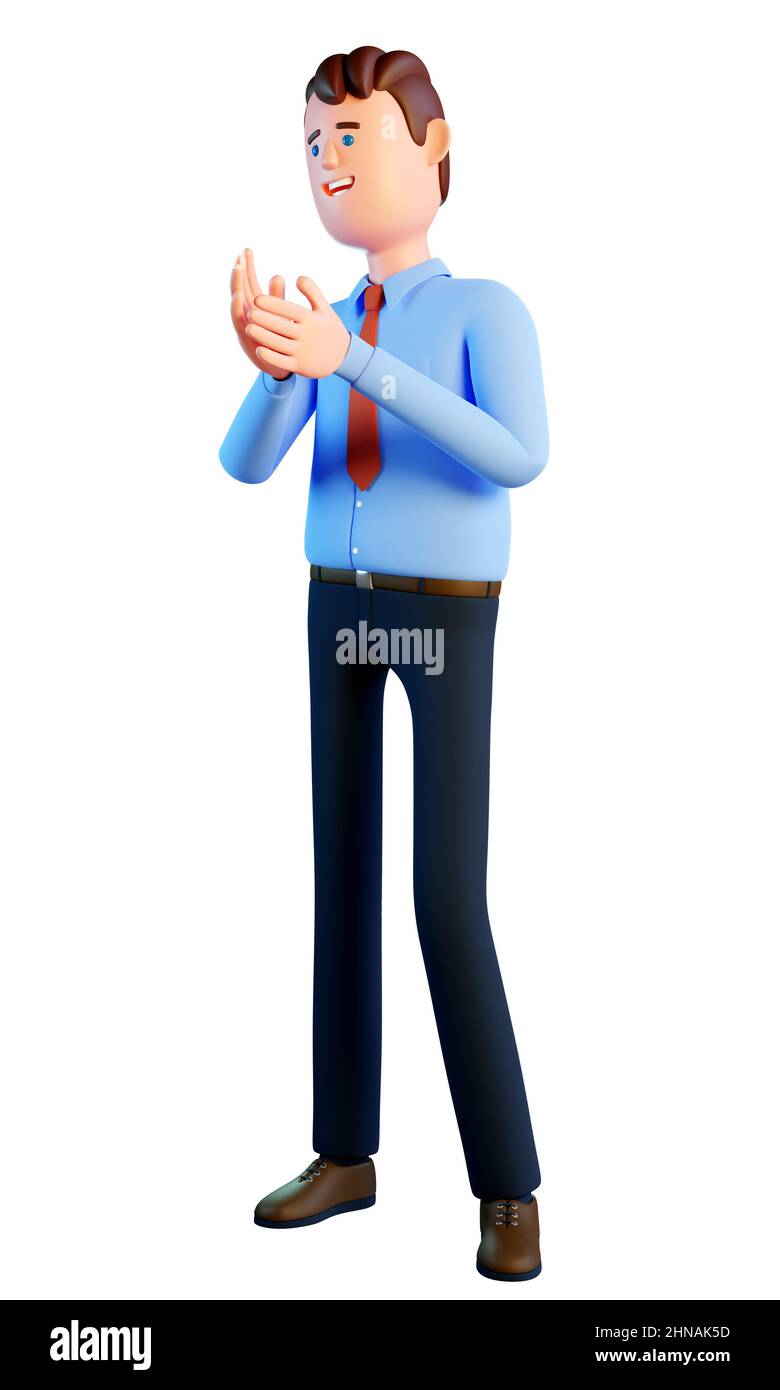 Cartoon man in shirt and tie claps his hands Stock Photo