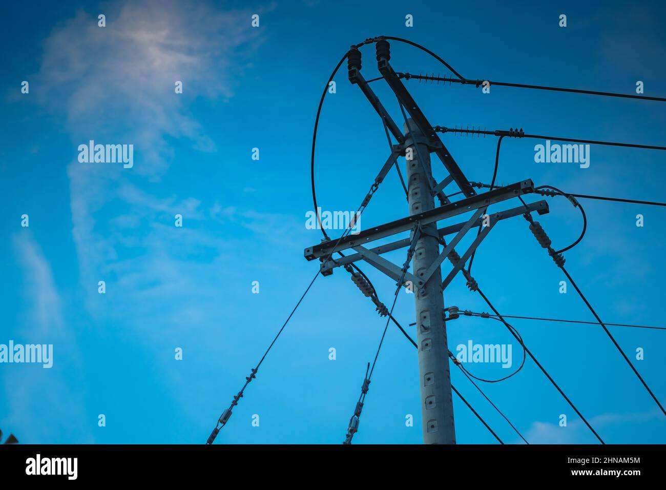 Copy space photo. High voltage power pylon transmission huge metal ...