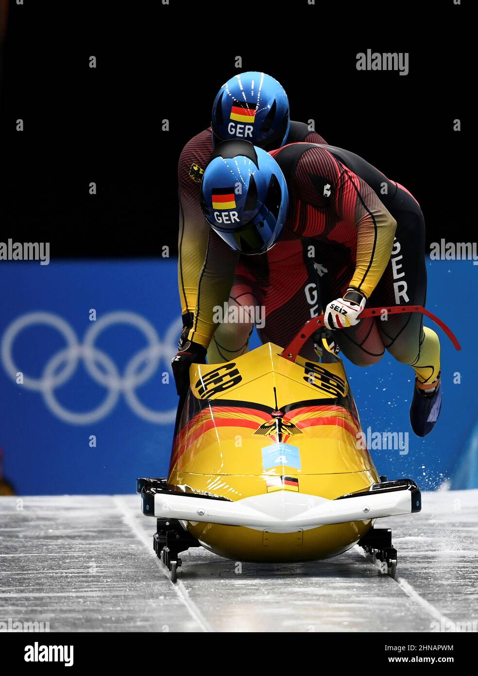 Beijing, China. 15th Feb, 2022. Francesco Friedrich/Thorsten Margis of Germany compete during the bobsleigh 2-man heat of Beijing 2022 Winter Olympics at National Sliding Centre in Yanqing District, Beijing, capital of China, Feb. 15, 2022. Credit: He Changshan/Xinhua/Alamy Live News Stock Photo