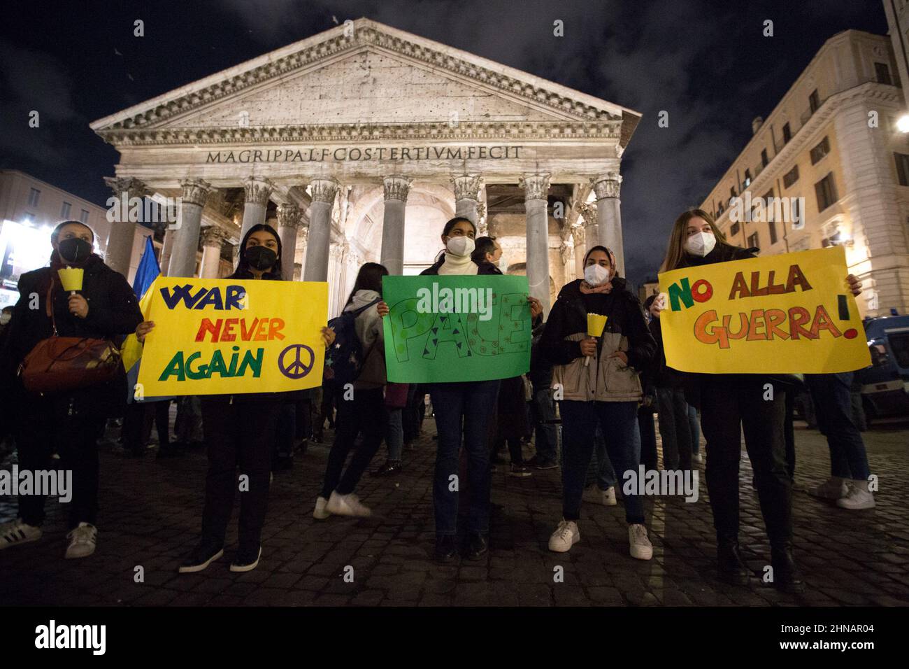 Rome, Italy. 15th Feb, 2022. Today, a No War candlelit vigil was held in Rome outside the Pantheon. The demonstration was organised by the Community of Sant’Egidio to call for peace between the Russian Federation and Ukraine. Stock Photo