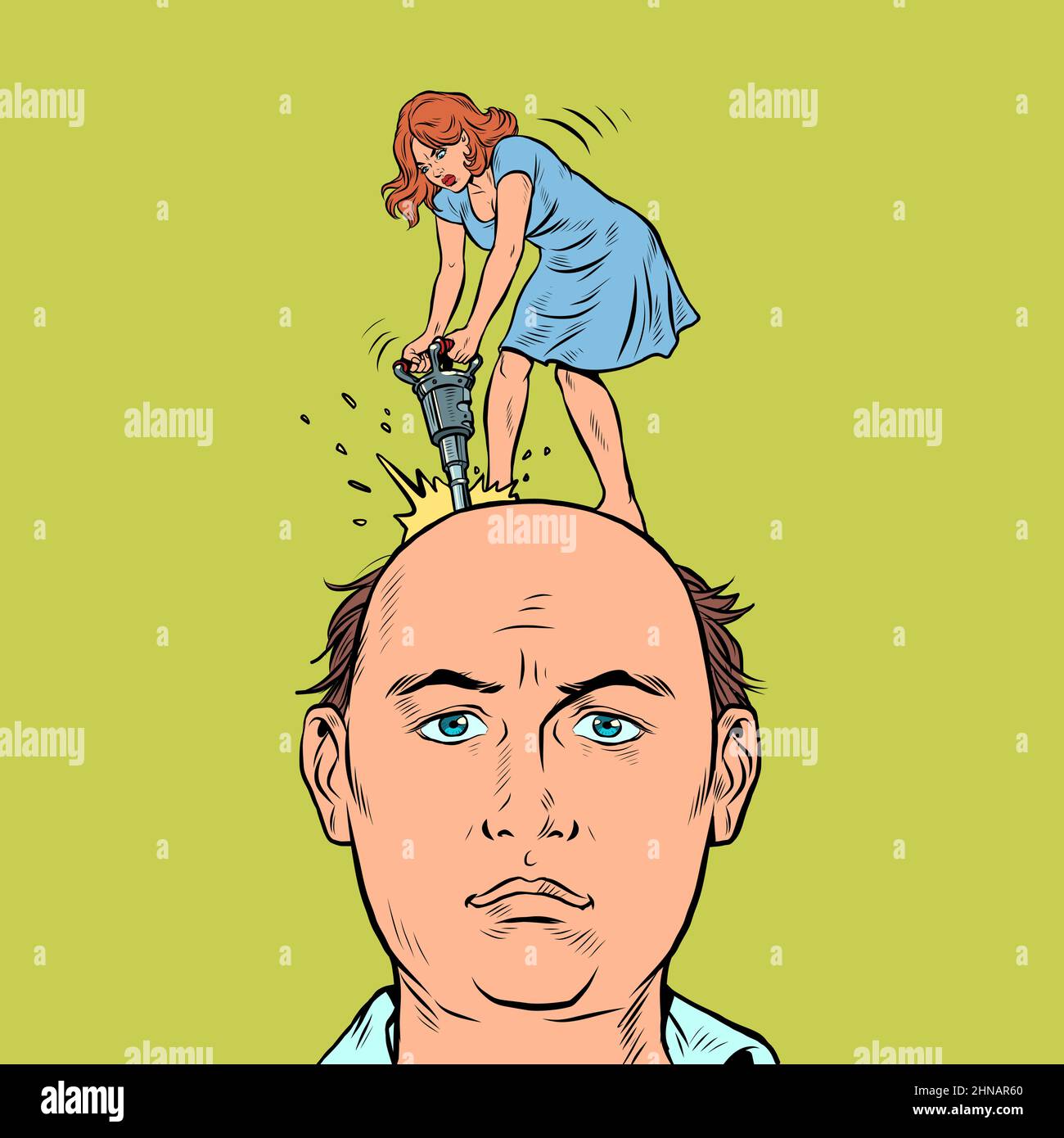 man headache concept, woman with jackhammer on her head Stock Vector