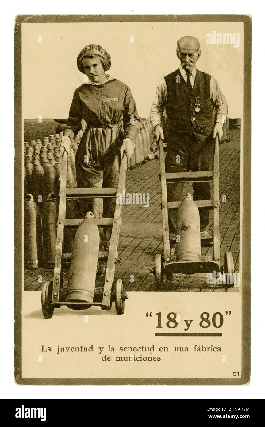 Original WW1 popular greetings card, here a Spanish version - of female British munitions worker with older male colleague, translation is 'youth and old age in a munitions (or shell filling) factory'. The factory was a British munitions factory based at Chilwell, Beeston, Nottingham, England, U.K. It was National Shell Filling Factory, no. 6 and manufactured high explosive shells. During the Great War it filled 19 million shells. Photographed by Horace Nicholls (Home Front Official Photographer) circa 21 August 1917. Stock Photo