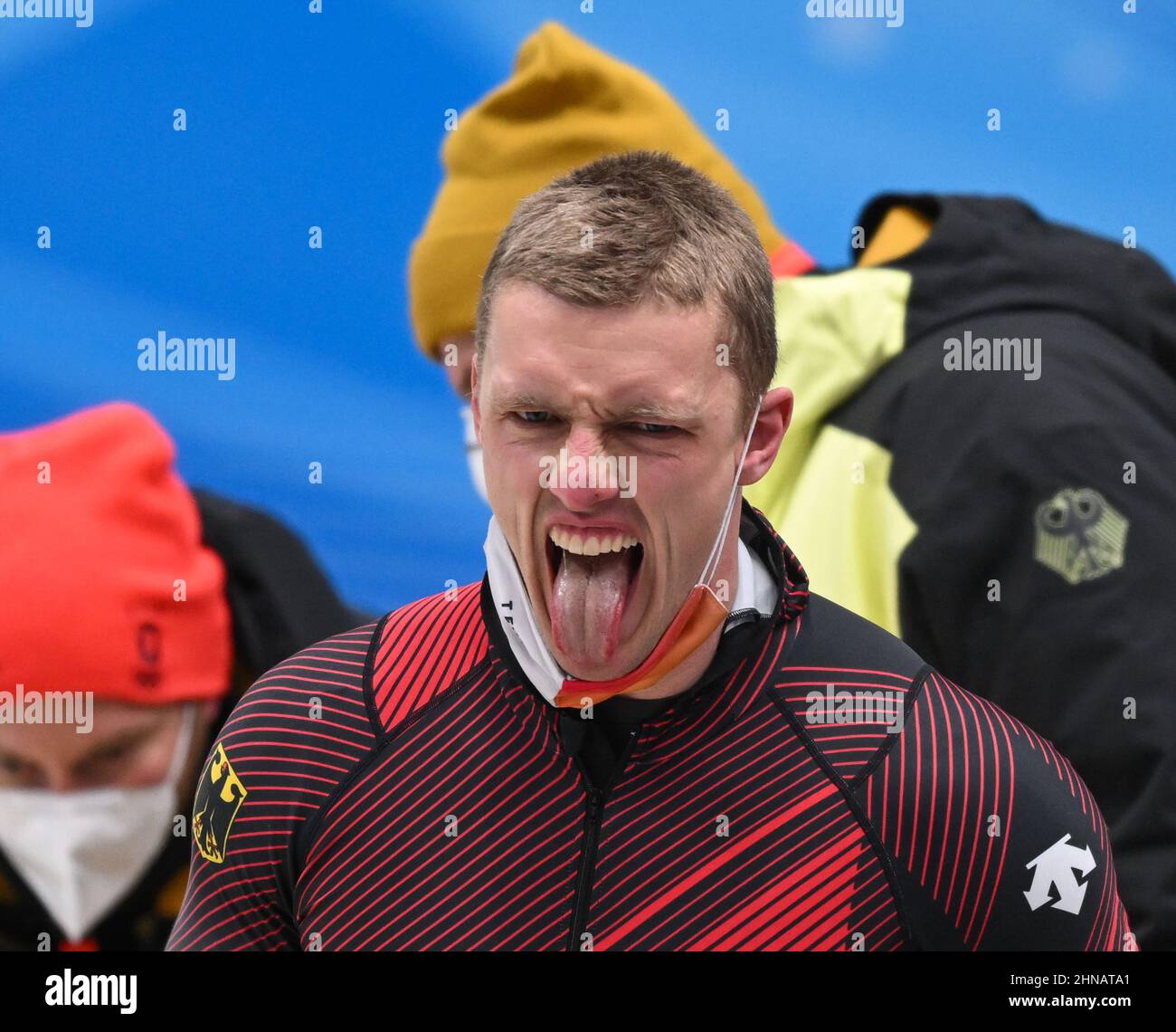 Beijing, China. 15th Feb, 2022. Thorsten Margis of Germany reacts after the bobsleigh 2-man heat of Beijing 2022 Winter Olympics at National Sliding Centre in Yanqing District, Beijing, capital of China, Feb. 15, 2022. Credit: Sun Fei/Xinhua/Alamy Live News Stock Photo