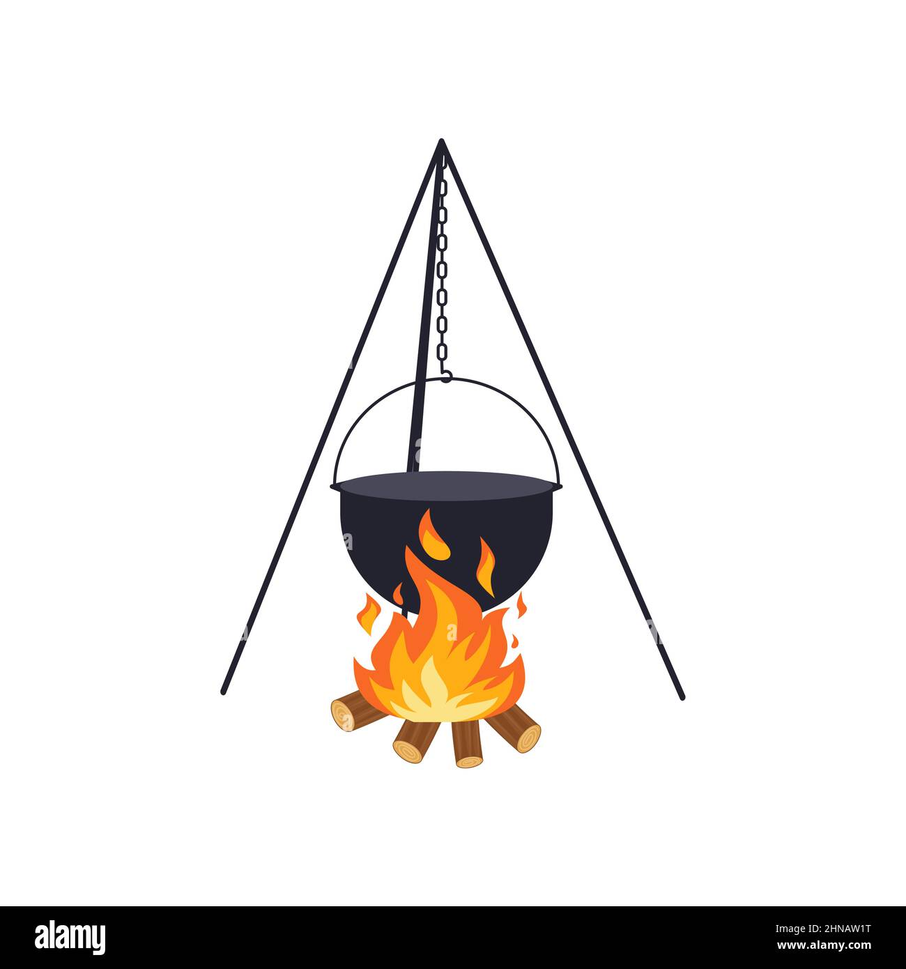 Cauldron over campfire for outdoor cooking isolated on white background. Vector illustration in a flat style. Eps 10 Stock Vector