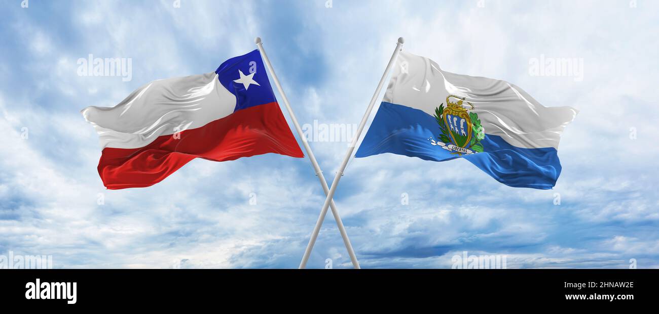 crossed national flags of Chile and San Marino flag waving in wind at ...