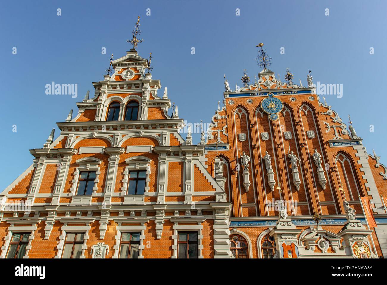 Riga,Latvia-August 15,2019.House of the Blackheads,landmark of Town Hall Square.Opulent medieval building with Dutch Renaissance facade,painted Stock Photo