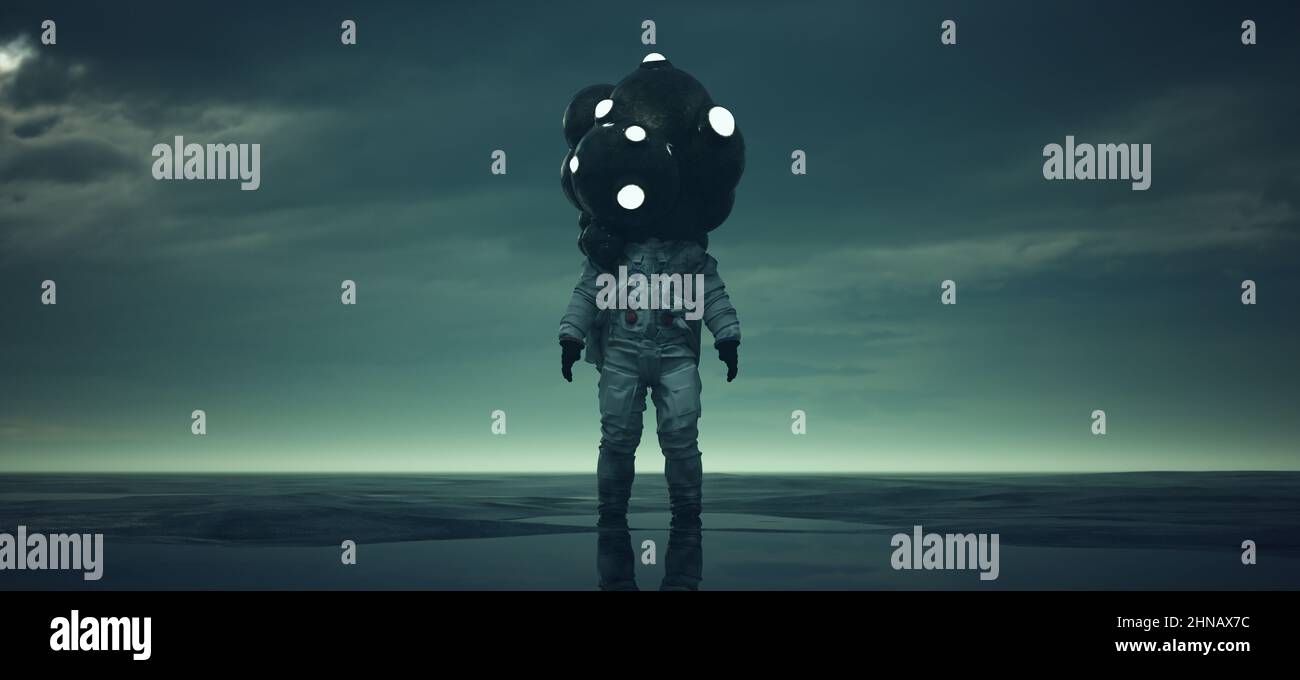 Alien Mind Control Astronaut Body Snatcher Post Apocalyptic Paranormal Extra-Terrestrial Sci-Fi Monster Dusk 3d illustration render Stock Photo