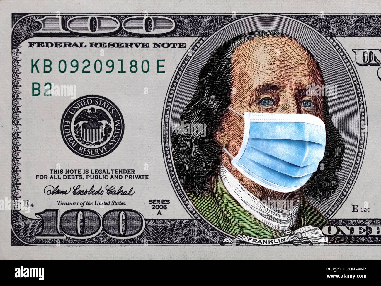 Benjamin Franklin With Surgical Mask On Old Colorized 100 Dollar Banknote For Design Purpose