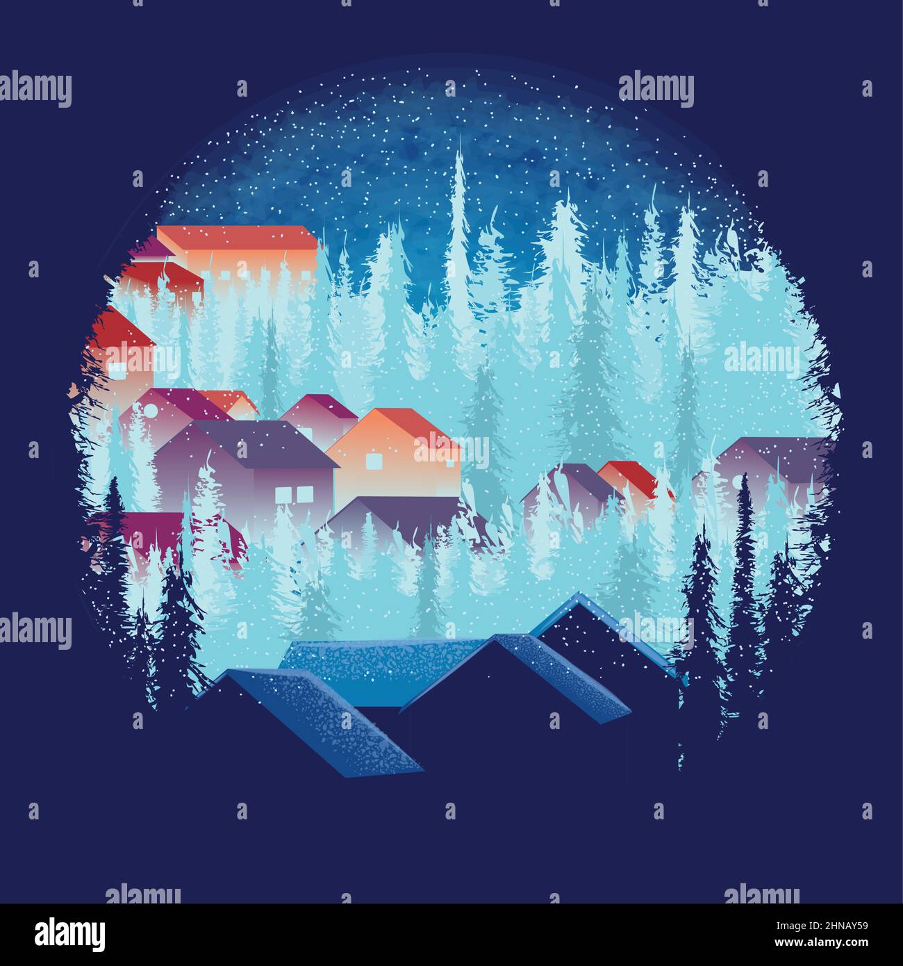 Colored winter landscape with trees and houses Vector Stock Vector ...