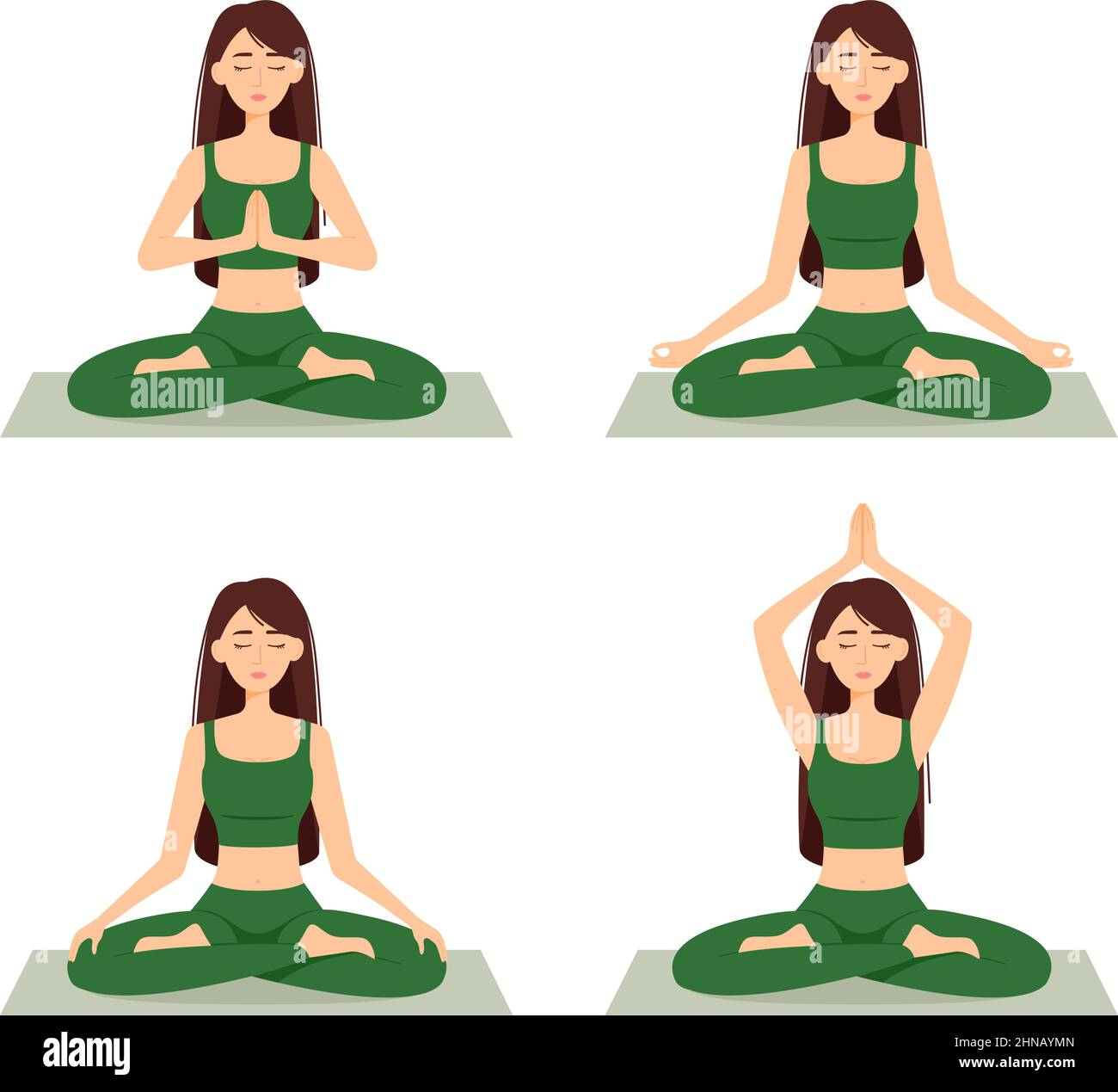 set of meditating women girls in lotus position practicing yoga vector illustration 2HNAYMN