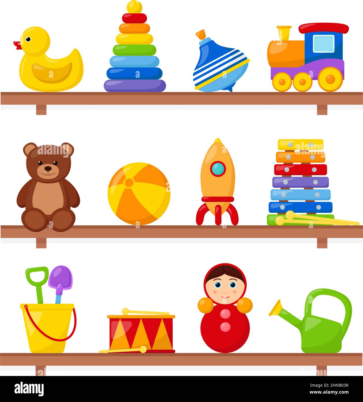 Kid toys on wooden shelves, vector illustration Stock Vector
