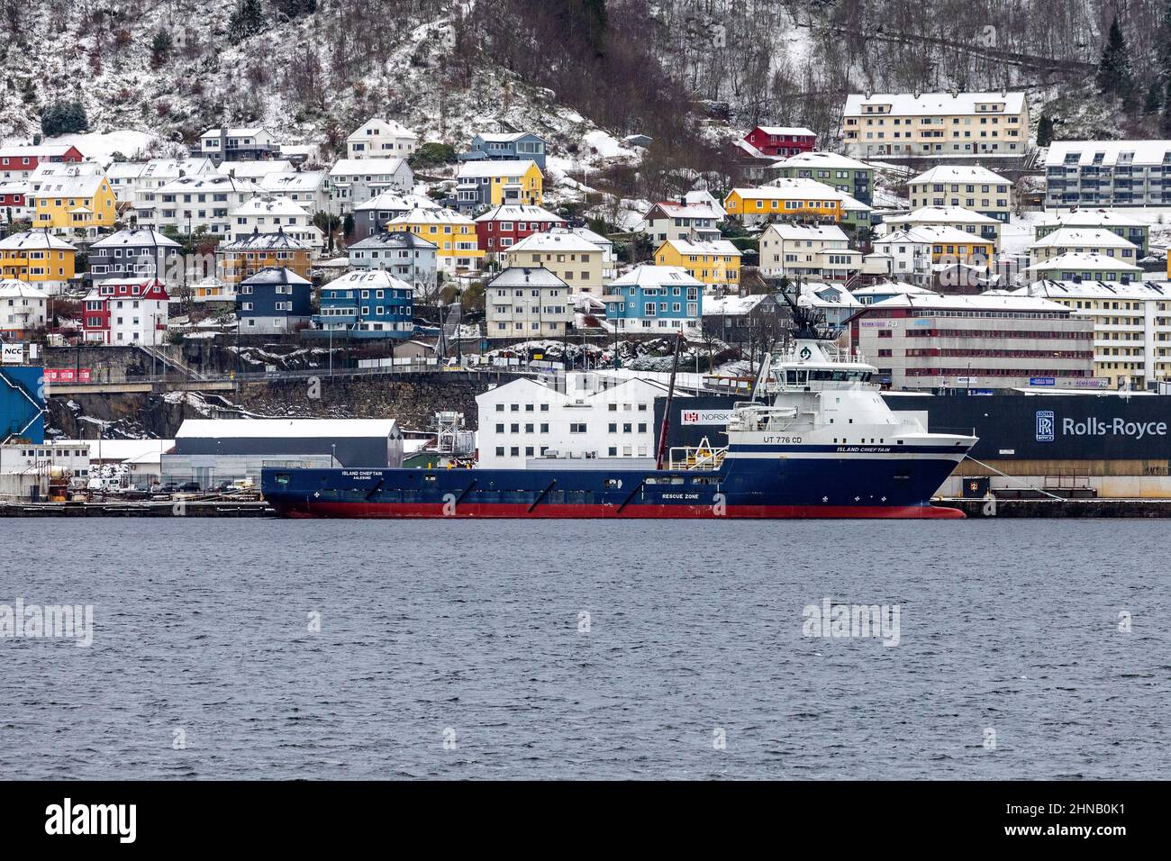 Offshore PSV platform supply vessel Island Chieftain moored at Laksevaag, port of Bergen, Norway. Stock Photo