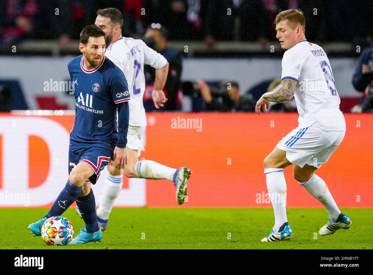 PARIS, FRANCE - FEBRUARY 15: Lionel Messi of Paris Saint-Germain prior to the Round Of Sixteen Leg One - UEFA Champions League match between Paris Saint-Germain and Real Madrid at Stade de France on February 15, 2022 in Paris, France (Photo by Geert van Erven/Orange Pictures) Stock Photo