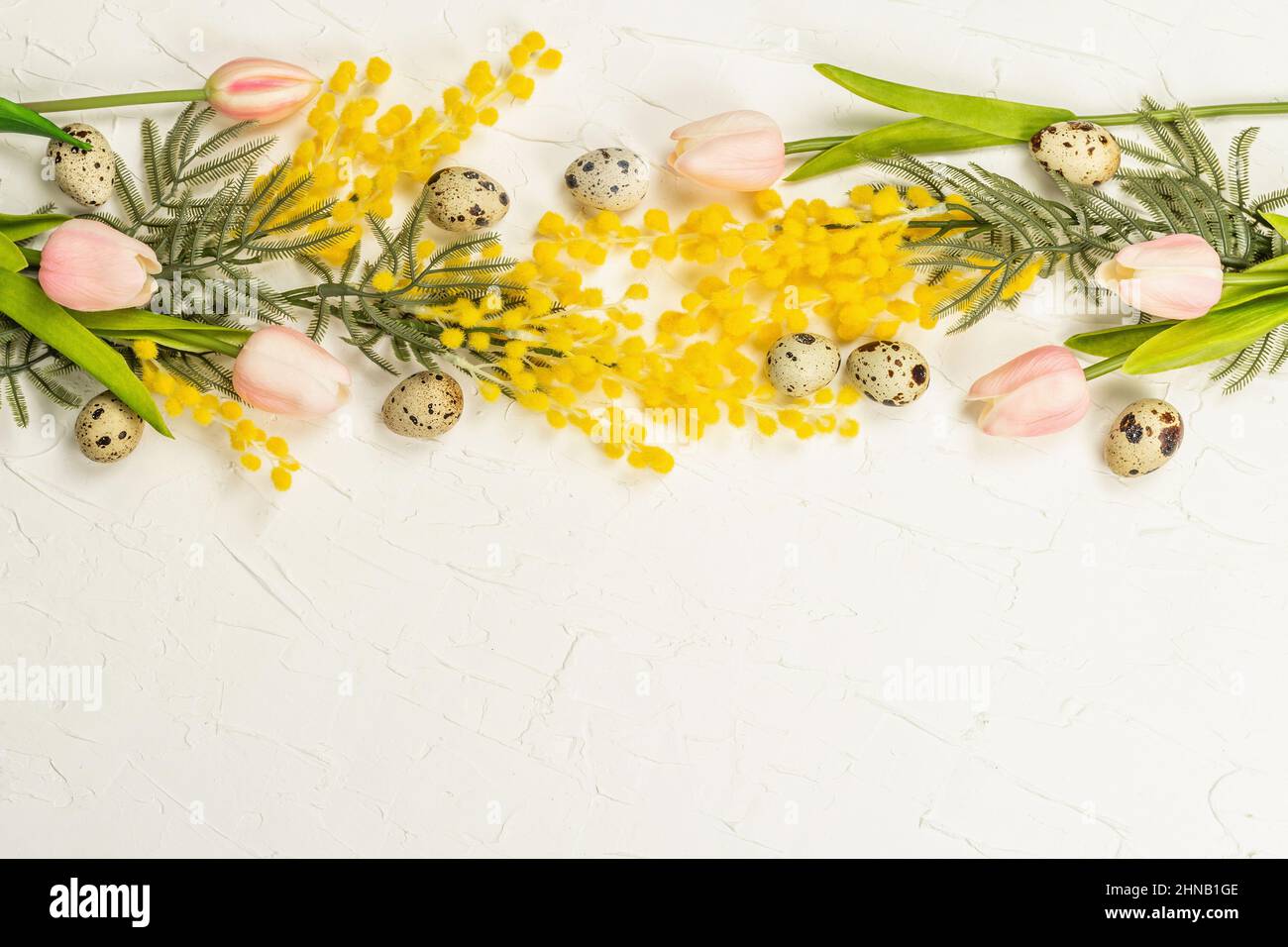 Spring Easter festive background with quail eggs and traditional spring ...