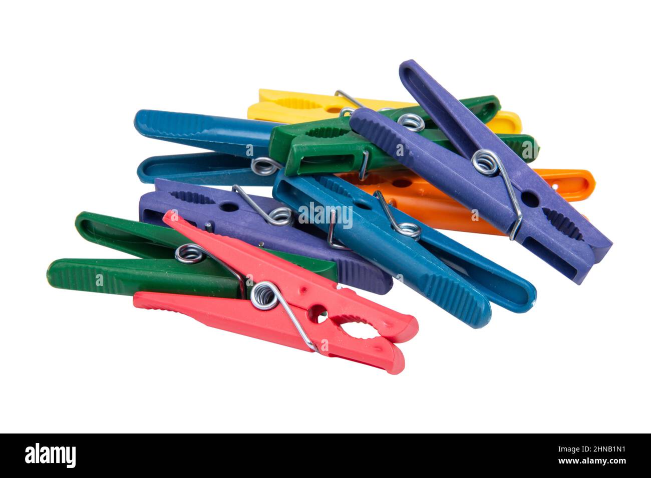 Multicolor clothes pins isolated on the white background Stock Photo