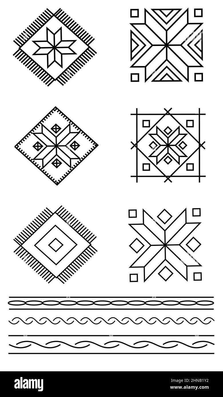 Set of geometric ethnic elements. Traditional folk ornament. Cultural national symbols, art decoration Stock Vector