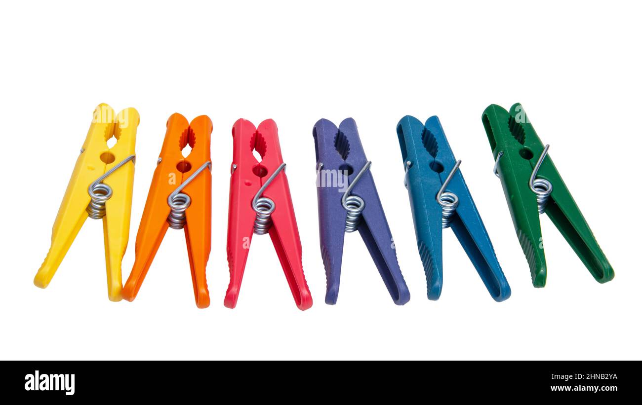 Multicolor clothes pins isolated on the white background Stock Photo