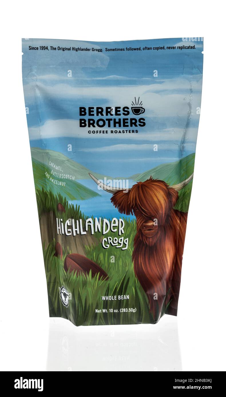 Winneconne, WI -13 February 2021: A package of Berres Brothers coffee roasters highlander grogg coffee on an isolated background Stock Photo
