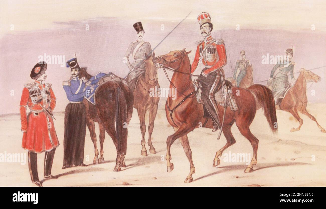 Cossacks and Tatars in 1844. Painting of the 19th century. Soldiers of the Russian army of different regiments. Stock Photo