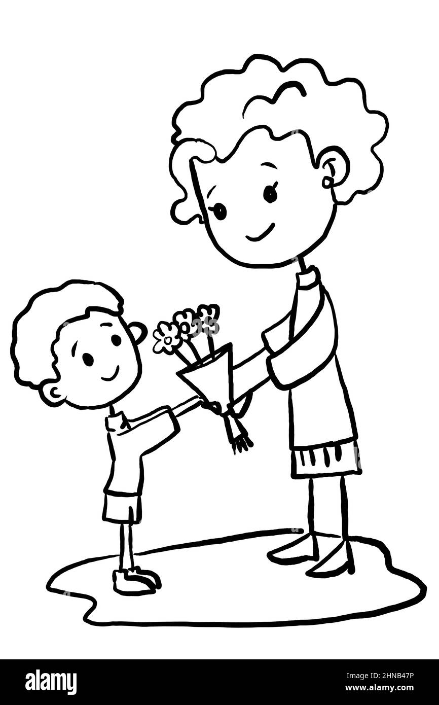 cute boy giving flowers to his mother, teacher ,coloring Stock Photo