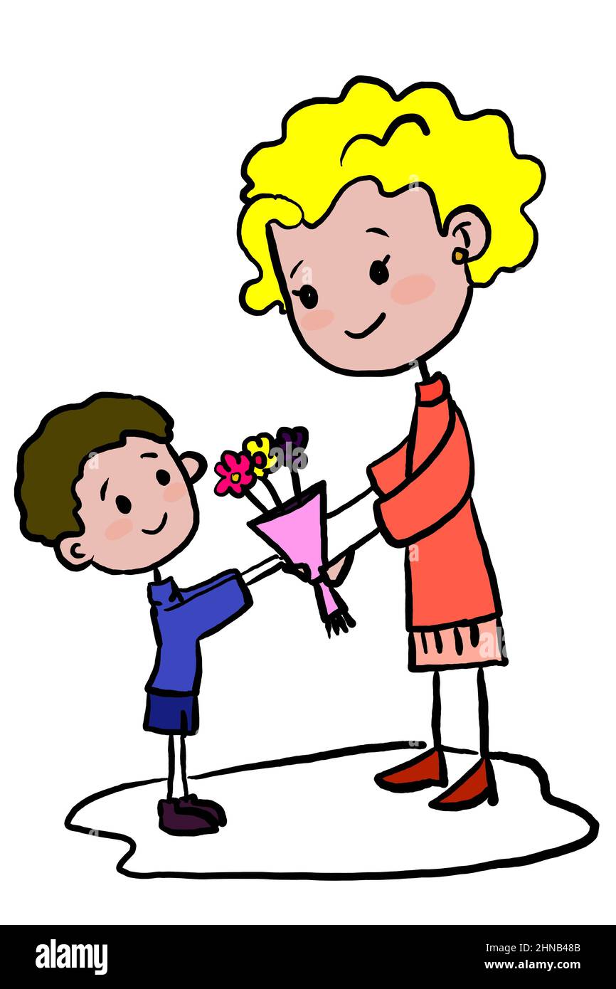 cute boy giving flowers to his mother, teacher ,coloring Stock Photo