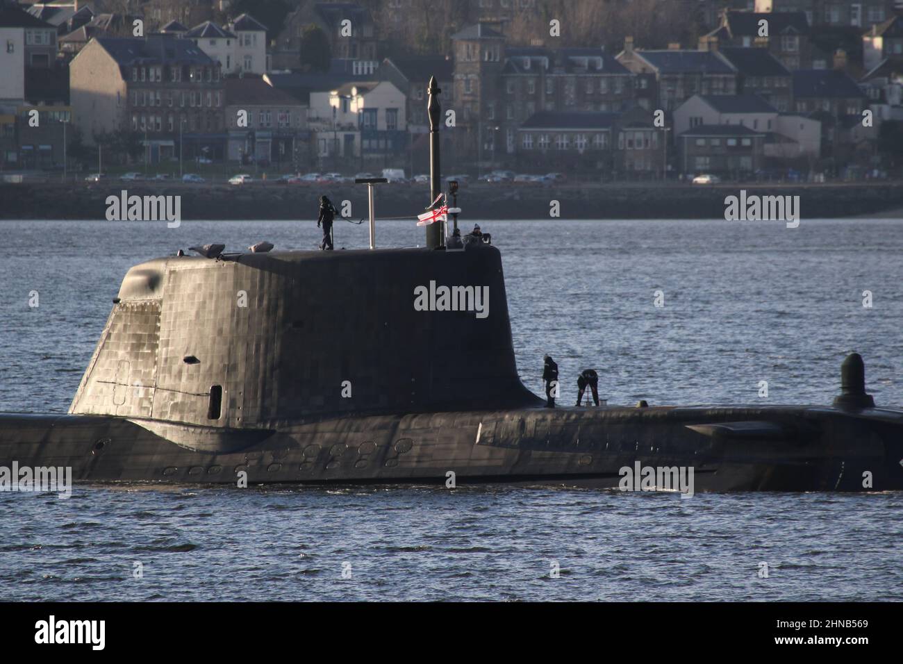 HMS Audacious (S122), an Astute-class submarine operated by the Royal Navy, passing Gourock on the Firth of Clyde, as it heads back to its base at Faslane. Stock Photo