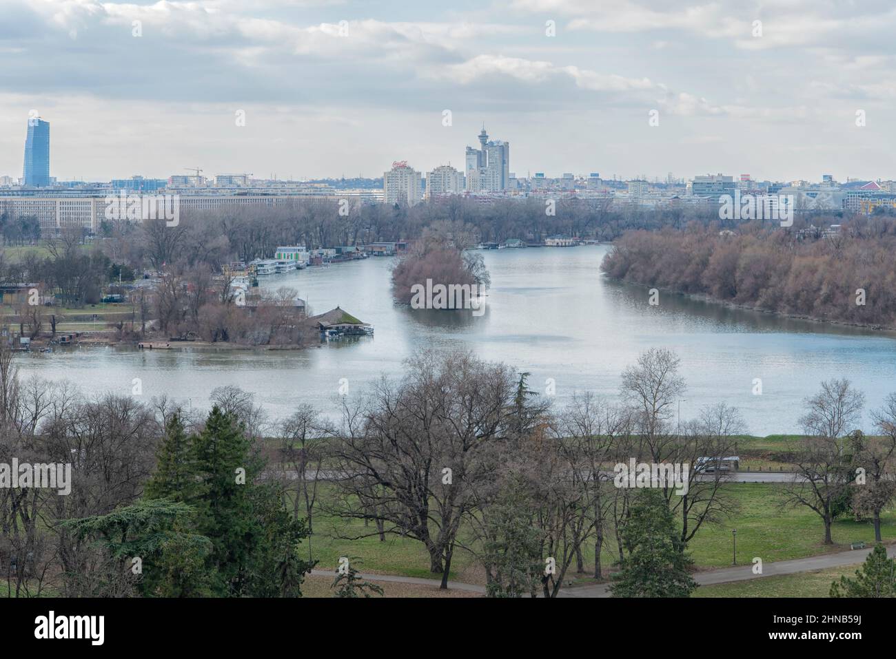 Confluence of Sava and Danube Rivers in Belgrade, Serbia Stock Photo