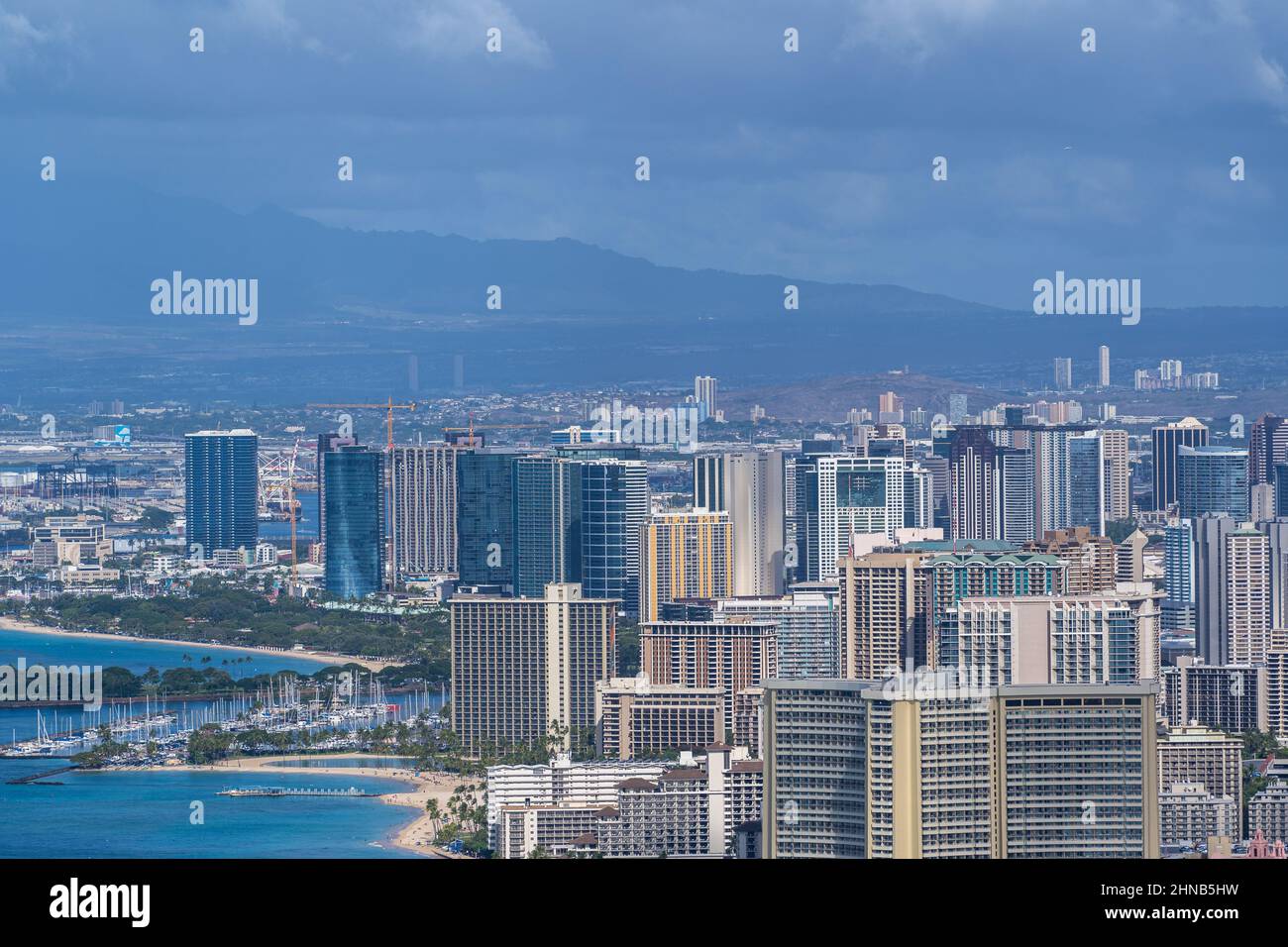 Areal view of a beautiful cityscape with blue sea Stock Photo