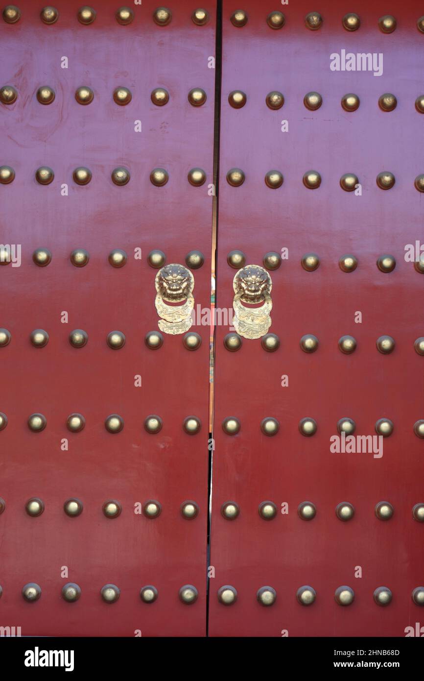 Red door of temple in forbidden city was the Chinese imperial palace. It is located in Beijing, China. Stock Photo