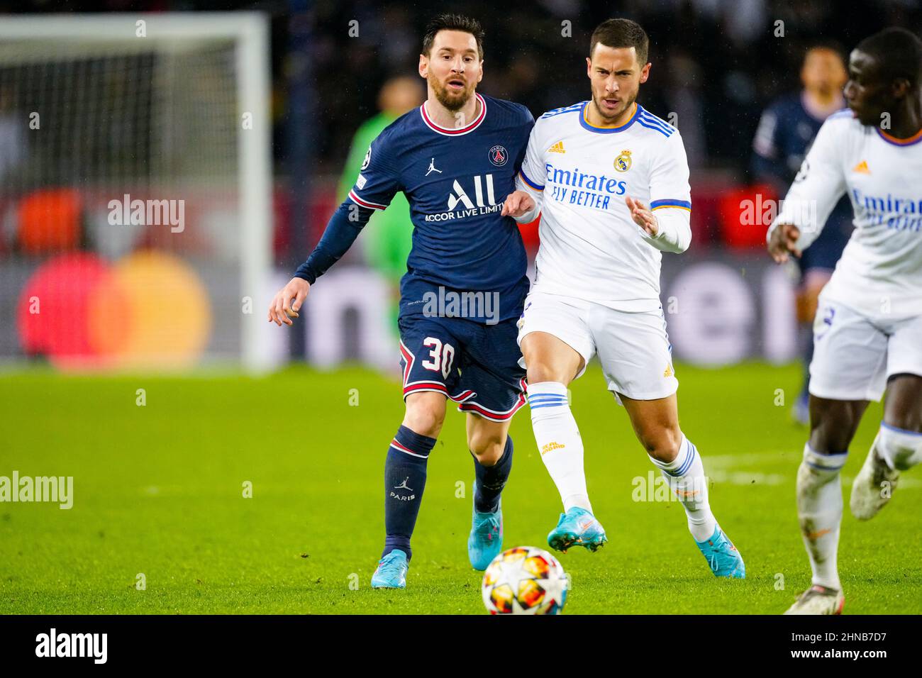 PARIS, FRANCE - FEBRUARY 15: Lionel Messi of Paris Saint-Germain and Eden Hazard of Real Madrid prior to the Round Of Sixteen Leg One - UEFA Champions League match between Paris Saint-Germain and Real Madrid at Stade de France on February 15, 2022 in Paris, France (Photo by Geert van Erven/Orange Pictures) Stock Photo