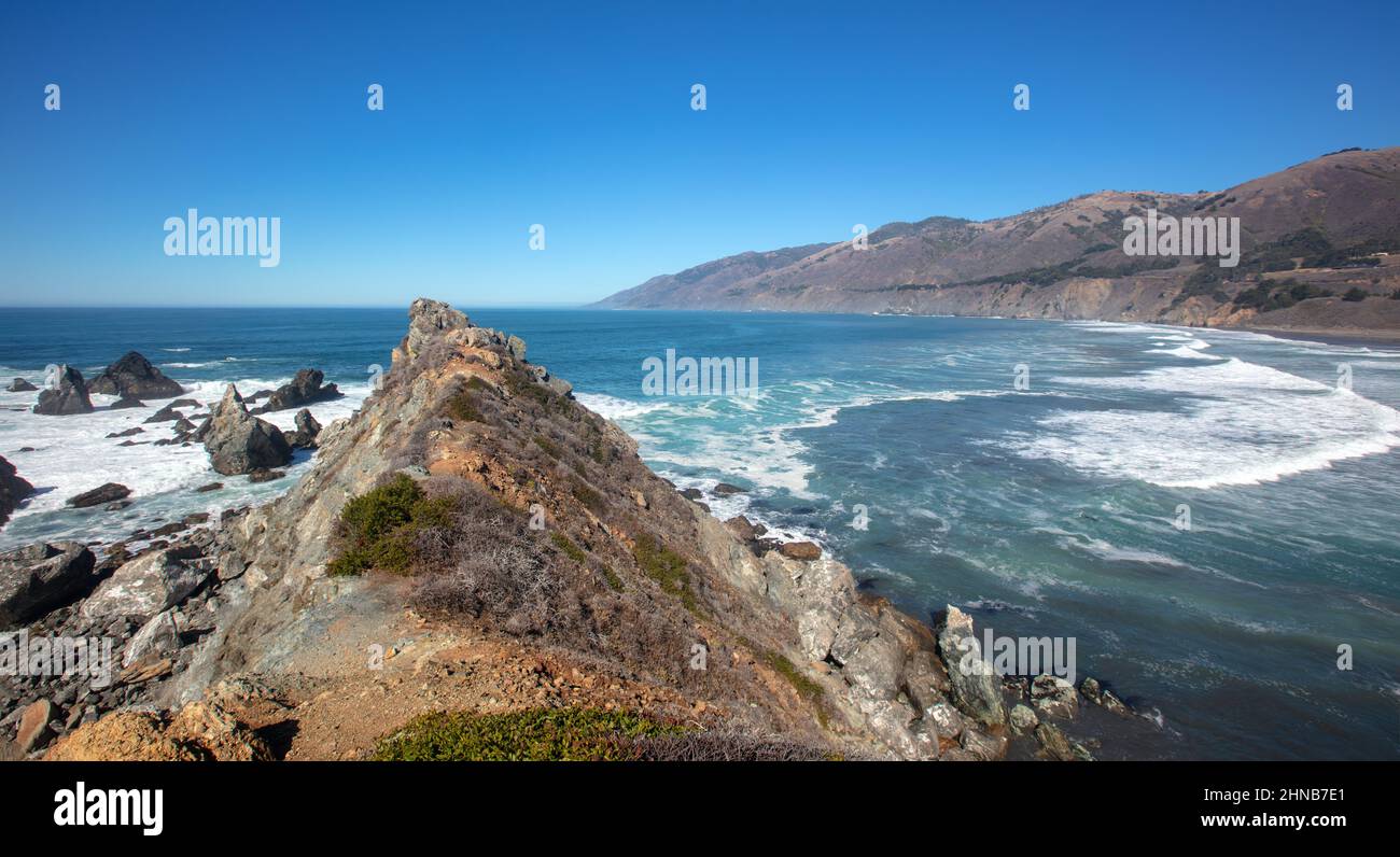 Walking trail on ridge of Ragged Point at Big Sur on the Cental Coast of California United States Stock Photo