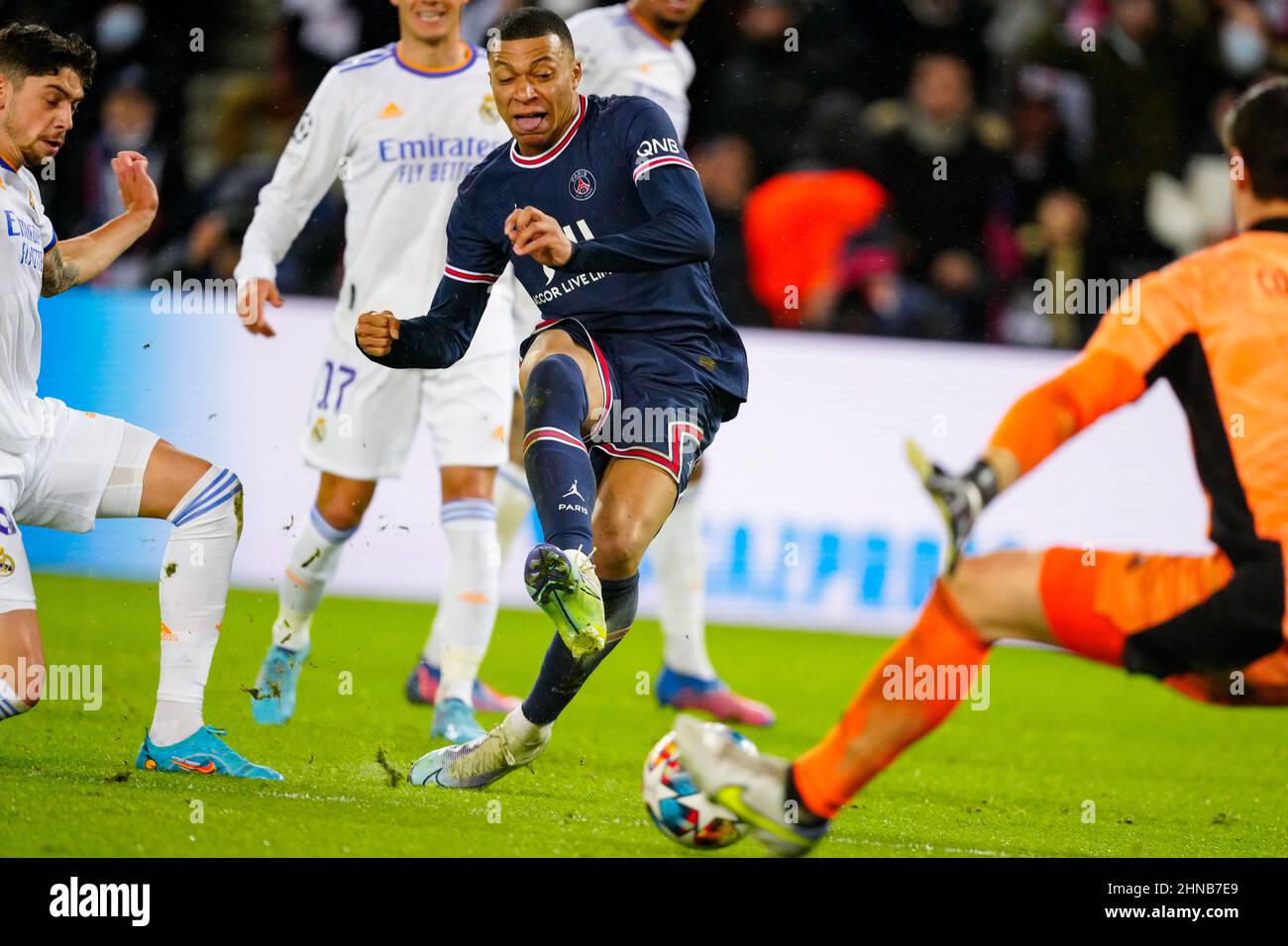 PARIS, FRANCE - FEBRUARY 15: Kylian Mbappe of Paris Saint-Germain scoring his sides first goal prior to the Round Of Sixteen Leg One - UEFA Champions League match between Paris Saint-Germain and Real Madrid at Stade de France on February 15, 2022 in Paris, France (Photo by Geert van Erven/Orange Pictures) Stock Photo