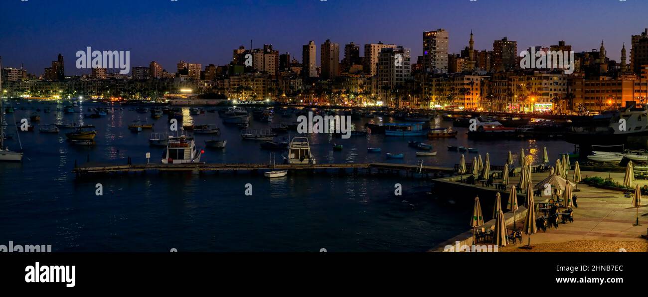 Alexandria, Egypt, Eastern Harbor Skyline at dusk Stock Photo