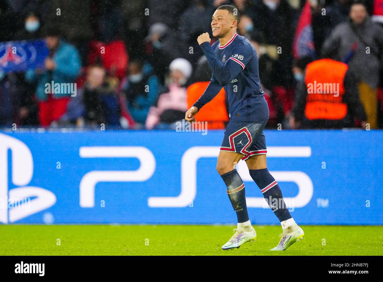 PARIS, FRANCE - FEBRUARY 15: Kylian Mbappe of Paris Saint-Germain celebrates after scoring his sides first goal prior to the Round Of Sixteen Leg One - UEFA Champions League match between Paris Saint-Germain and Real Madrid at Stade de France on February 15, 2022 in Paris, France (Photo by Geert van Erven/Orange Pictures) Stock Photo