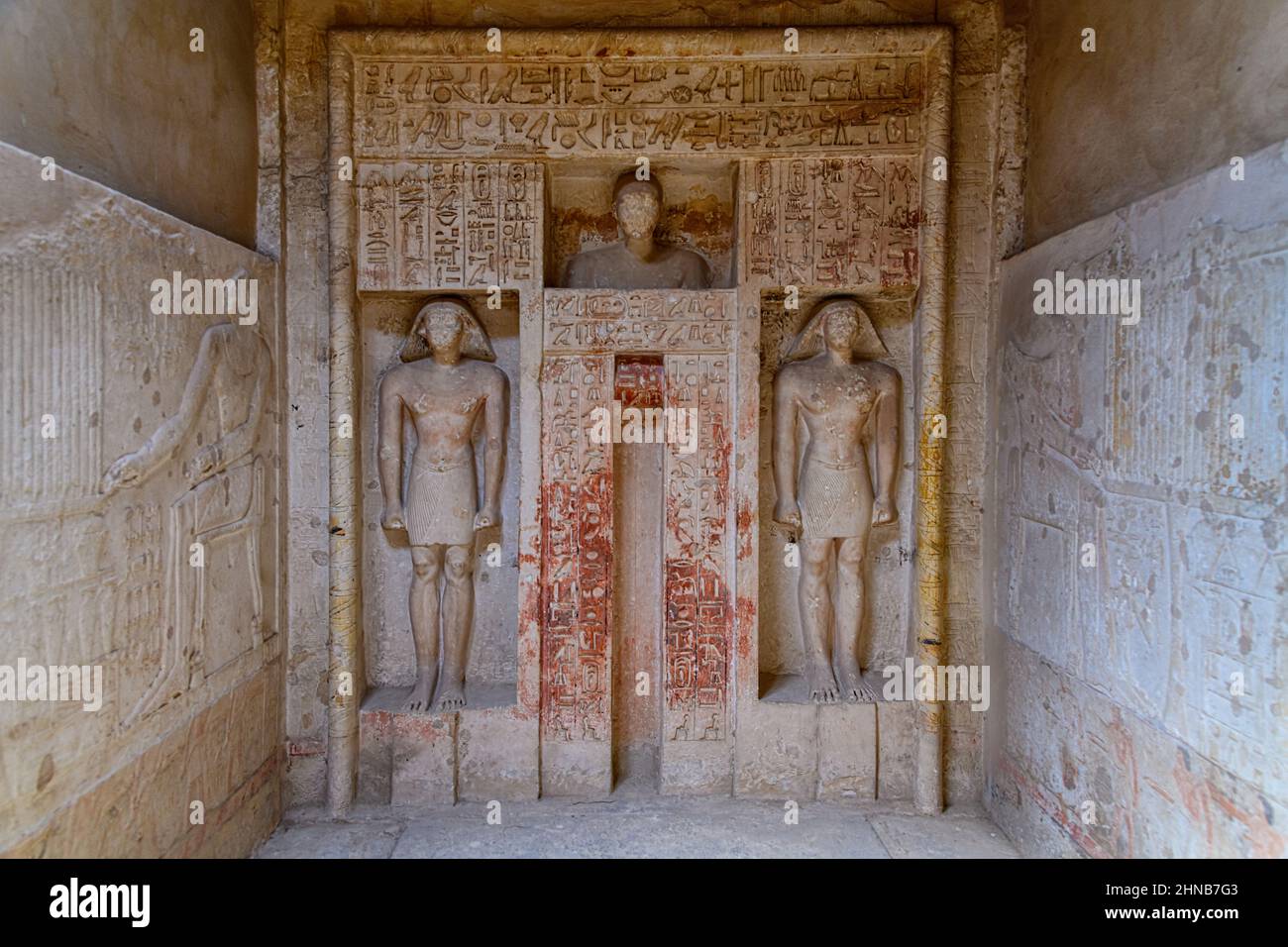 The Tomb of Neferseshemptah contains an impressive false doorway, carved with high relief figures of the deceased and his family. Stock Photo