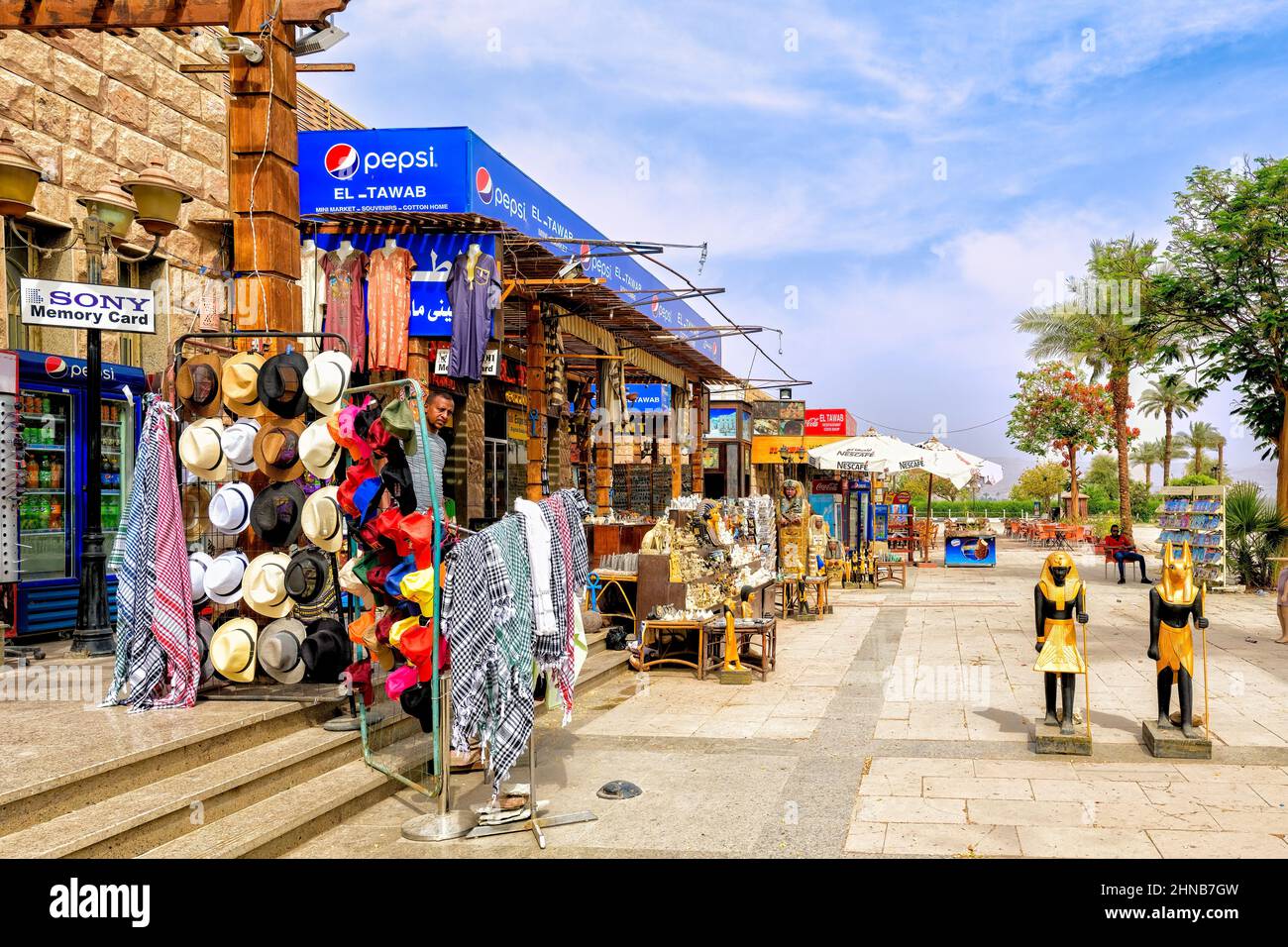 Souvenir stands on the plaza in front of Karnak Temple complex in Luxor Stock Photo