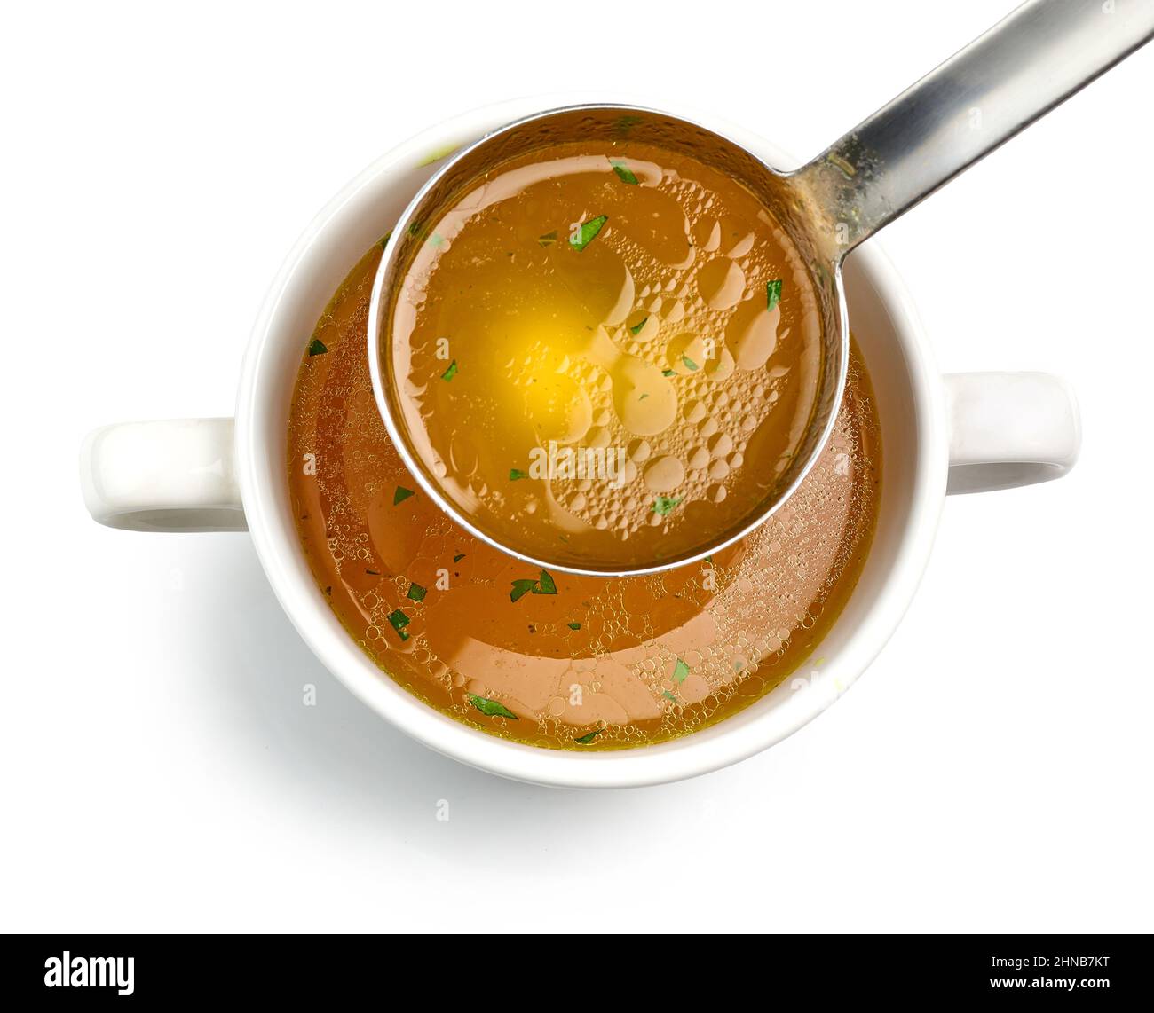 bowl of fresh chicken broth isolated on white background, top view ...