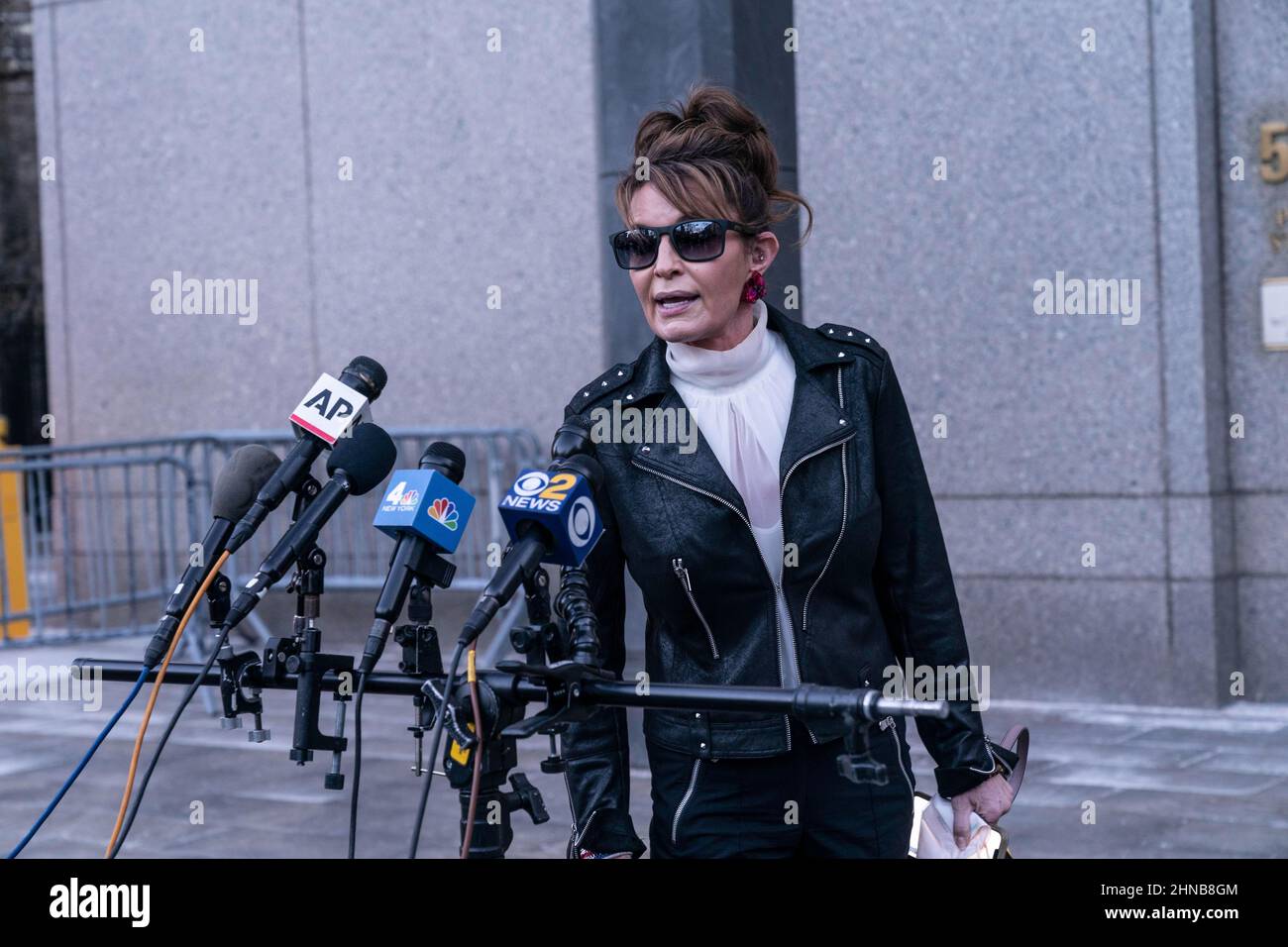 New York, New York, USA. 14th Feb, 2022. SARAH PALIN, former Governor of Alaska leaves court after judge dismissed her case at U.S. Southern District Court. The ruling came as a Manhattan jury was deliberating on Palin's suit, which claimed the NY Times defamed her by unfairly linking her to a 2011 shooting spree that killed six and wounded then-Rep. Gabby Giffords. (Credit Image: © Lev Radin/ZUMA Press Wire) Stock Photo