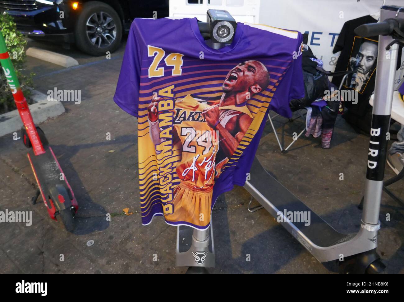 Los Angeles, California, USA 12th February 2022 Kobe Bryant T shirt for sale on Sidewalk at Crypto.com Arena on February 12, 2022 in Los Angeles, California, USA. Photo by Barry King/Alamy Stock Photo Stock Photo